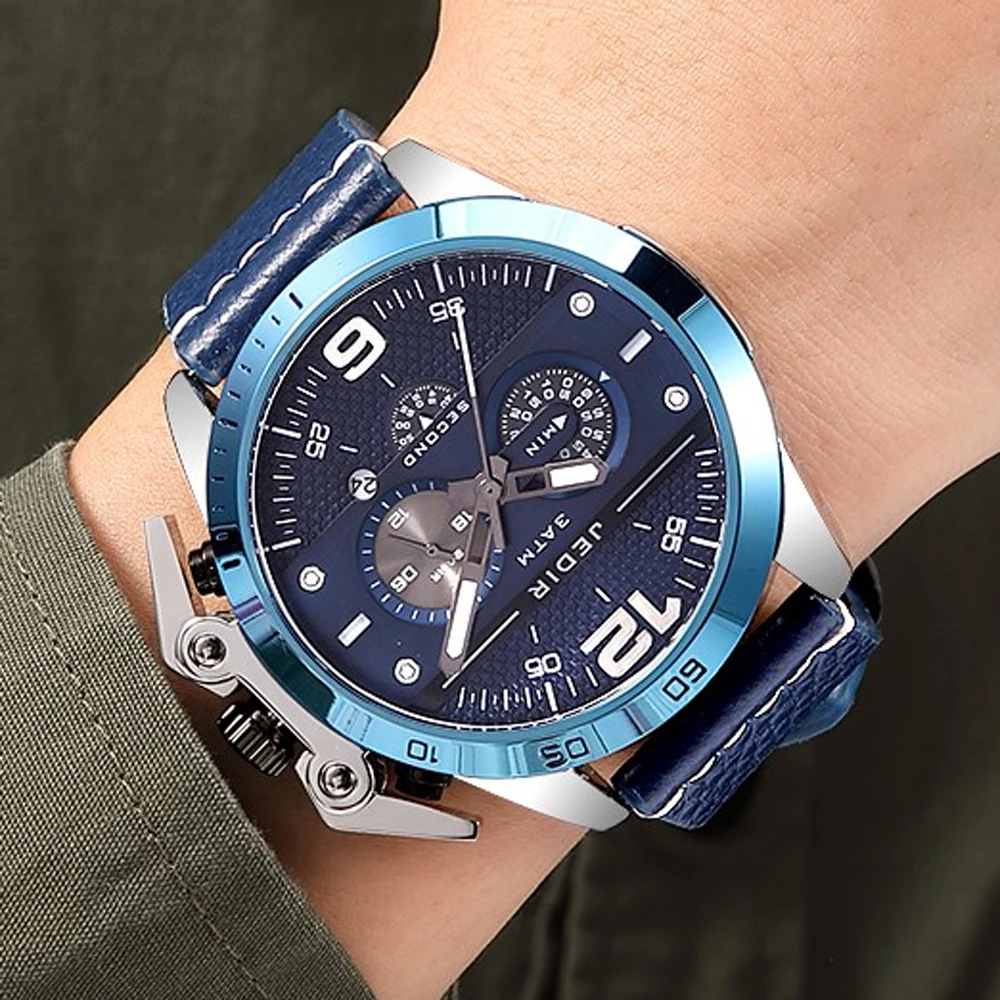 Large Dial Personality Men's Quartz Chronograph Watches Blue Leather Strap Fashion Sports Watches Male Clock Relogio Masculino