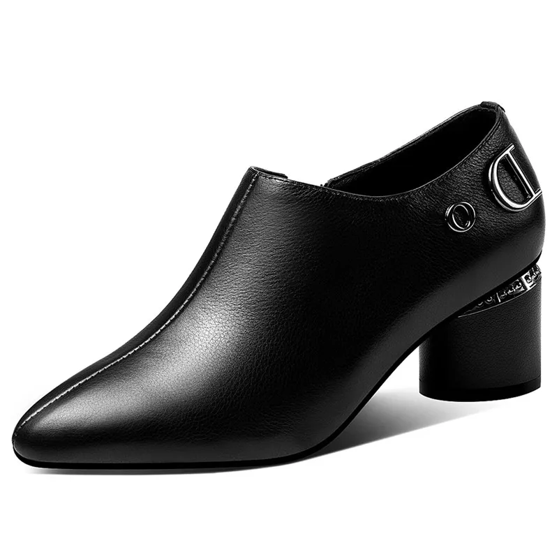 

2020 Top Quality Genuine Leather Pointed Toe Round Heels Women Pums Zipper Single Shoes Elegant Office Lady Shoes Woman