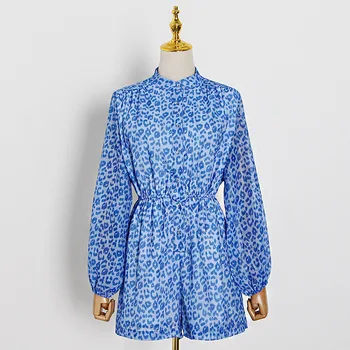 

2020 Summer New Fashion Women Stand Collar Lantern Sleeve Long Sleeve Leopard Lace-up Waist Hugging Jumpsuit