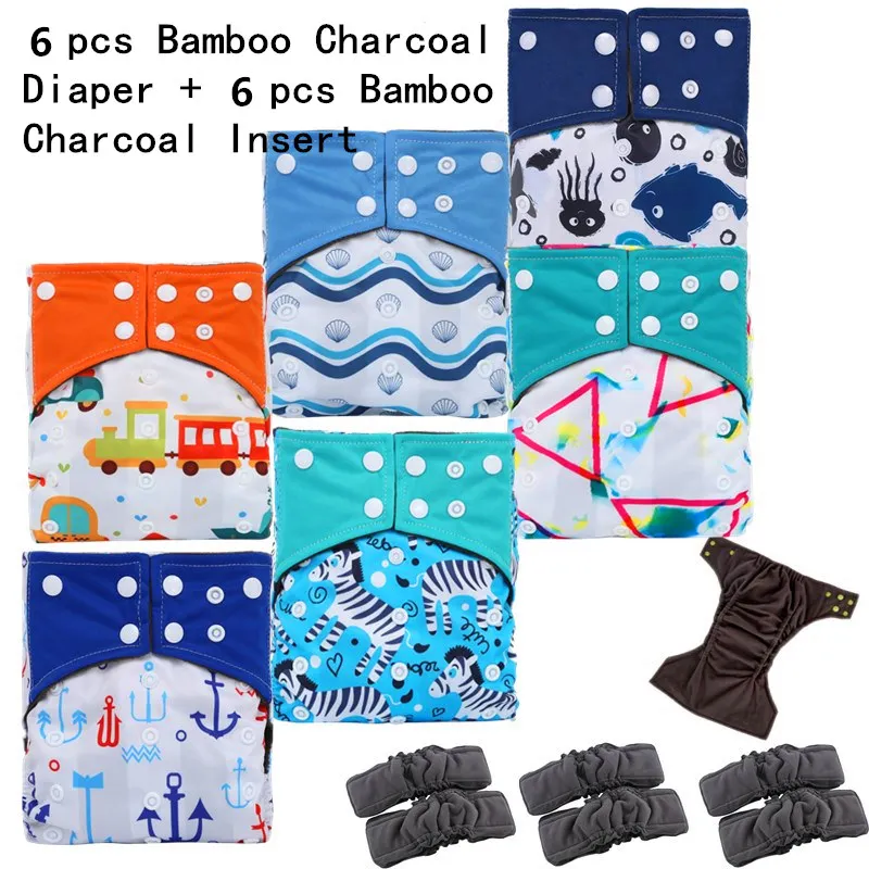 [simfamily]6pcs Reusable Bamboo Charcoal Cloth Diaper Waterproof One