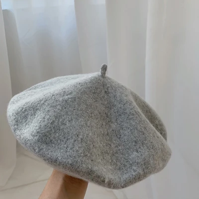 Luna&Dolphin Women 90%Wool Mushroom Rimi Blue Berets Autumn Winter Deep Eaves Knitting Artist Cap Painter Beanie Hat Sweet Color light grey
