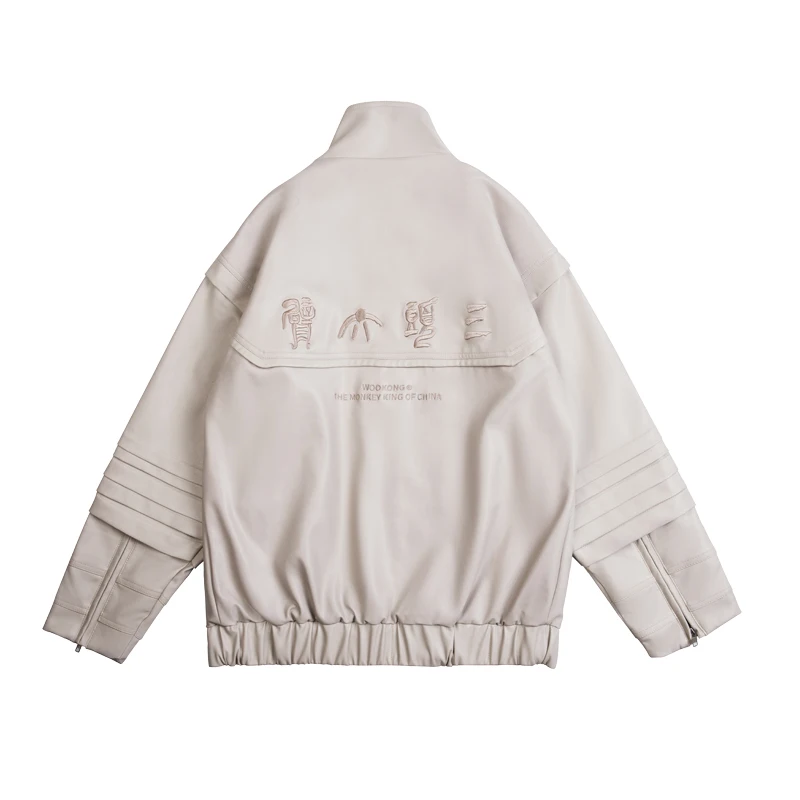 

Wookong 2019 winter new in men's steampunk jacket unisex embroidered leather biker jacket with three heads and six arms of Nezha