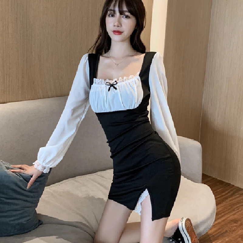 

Lolita Mini Dress Women Long Puff Sleeve Autumn Square Collar High Waist Bowkont Lace Ruched Split Bodycon Elegant Kawaii Dress