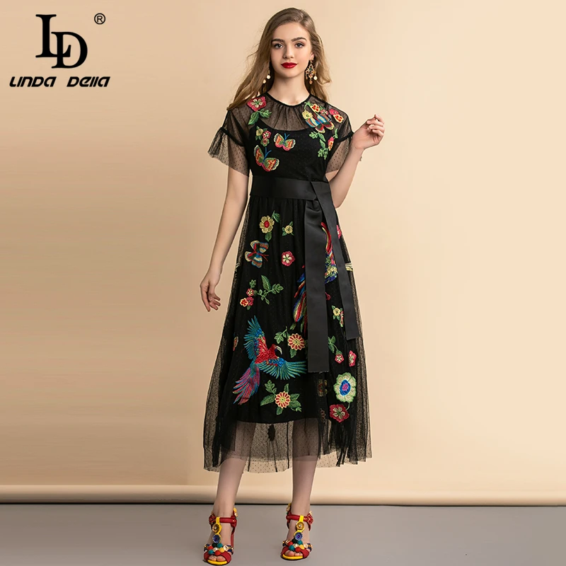 

LD LINDA DELLA Autumn Fashion Vintage Dress Women's Belted Black Mesh Overlay Flower Embroidery Long Dress Gown Party Dresses