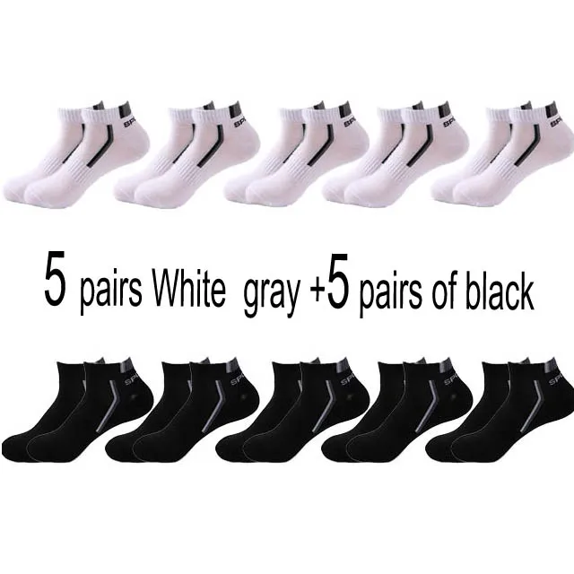 10 Pair High Quality Men Ankle Socks Breathable Cotton Sports Socks Mesh Casual Athletic Summer Thin Cut Short Sokken Size 38-48 5 white gray 5 black