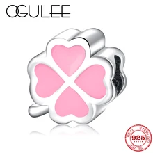 Новинка, 925 пробы, Серебряное сердце, счастливый клевер, розовые эмалированные бусины, подходят к оригиналу Pandora, очаровательный браслет, ювелирное изделие