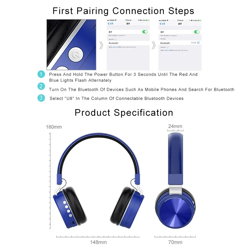HM 02 Head mounted Earphone Bluetooth 5 0 Over Ear Adjustable Metal Stretch Rail Foldable Headphone USB Port Subwoofer Earbuds