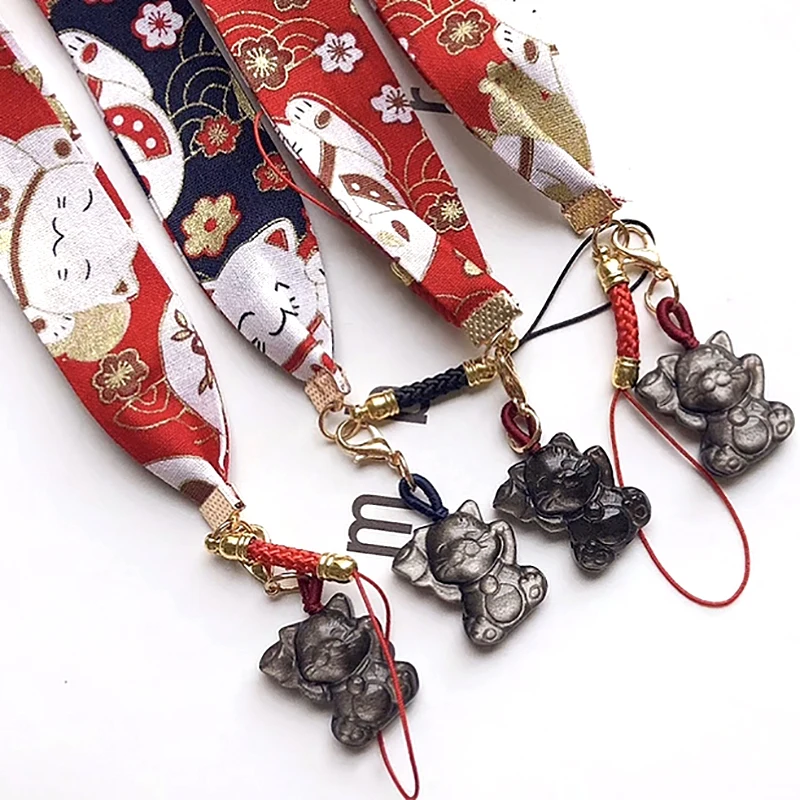 Брелок Lucky Cat, ювелирный автомобильный брелок для мобильного телефона, натуральный обсидиан, золото, серебро, кот, аниме, брелок, подвески, подарок, аксессуары