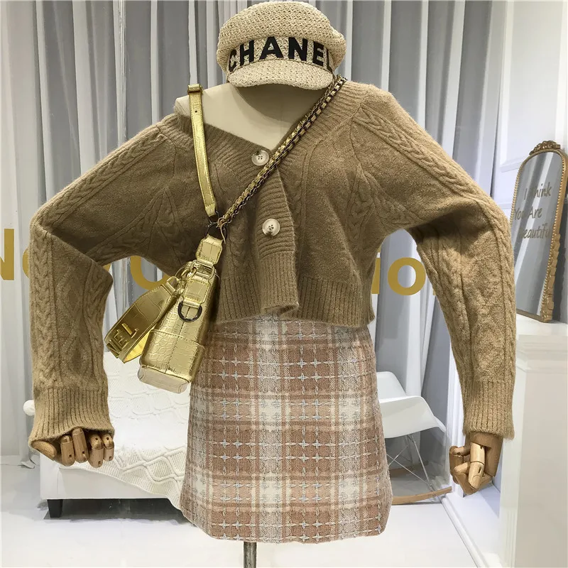 Женский кардиган с v-образным вырезом однобортный Argyle короткий женский s свитер корейский модный женский свободный вязаный свитер женский кардиган