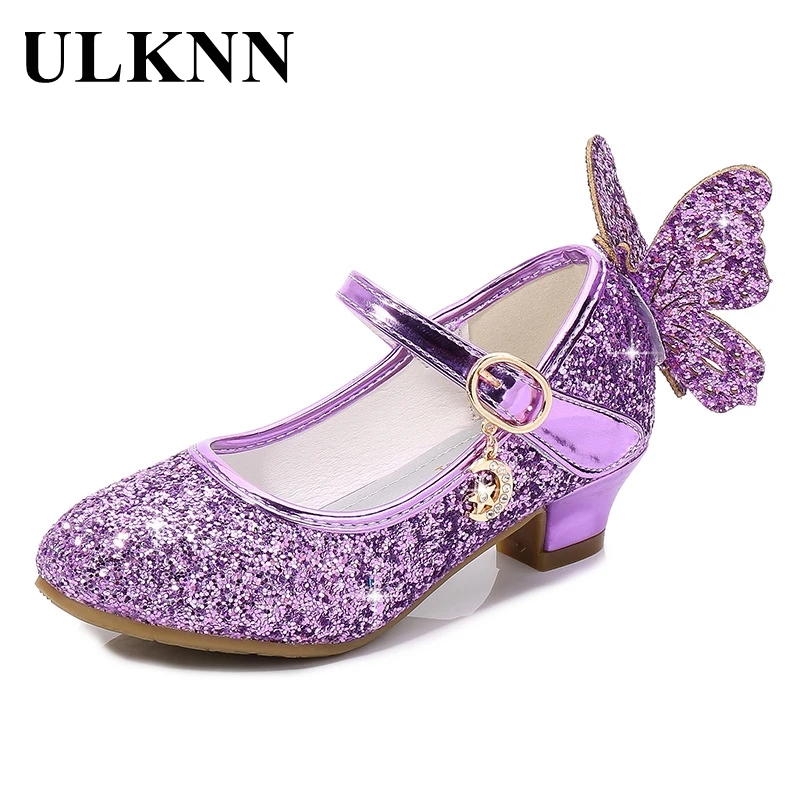 ULKNN-zapatos para baile para niños, zapatos de cuero de princesa para niñas, flores, informales, brillantes, tacón alto, Nudo de mariposa