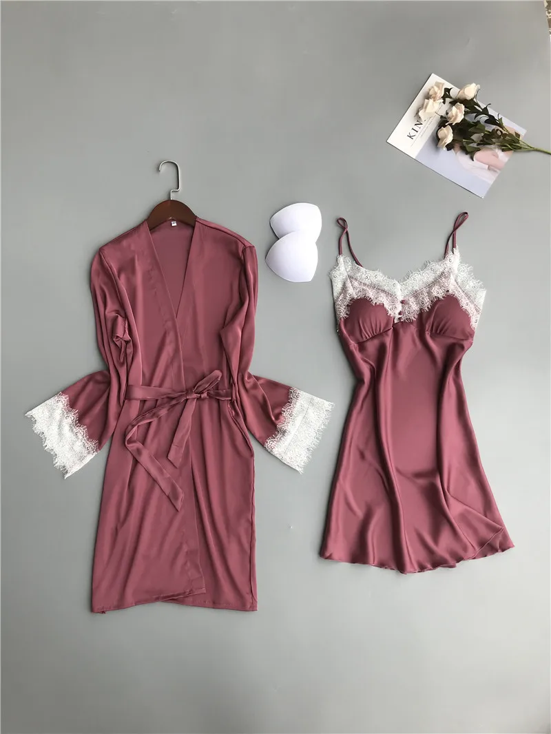 Rose Pink Халат и платье, комплект, сексуальное ночное белье, Халат+ ночная сорочка, комплект из 2 предметов, комплект одежды для сна с подтяжками на груди, кружевной Шелковый халат, комплект, плотная Пижама, платье - Цвет: Rose Pink