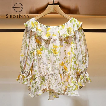 

SEQINYY Sweet Blouse 2020 Summer Spring New Fashion Design Women Half Sleeve Ruffles Back V-neck Bow Flowers Print Pink Top
