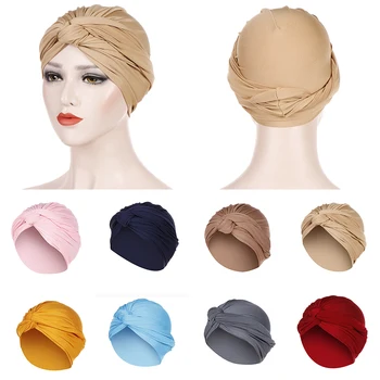 

Fashion Women Muslim Cap Solid Color Head Wrap Cover Scarf Elastic Beanie Turban Female Candy Color Head Wrap Caps