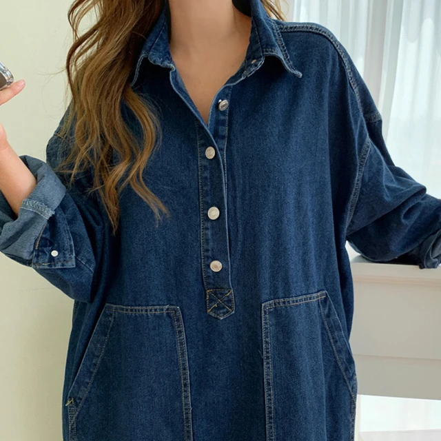 Women's Autumn Long Sleeve Denim Shirt Dress Button Pocket Jeans Maxi Dresses Casual Loose Female Street Wear Denim Robe 2