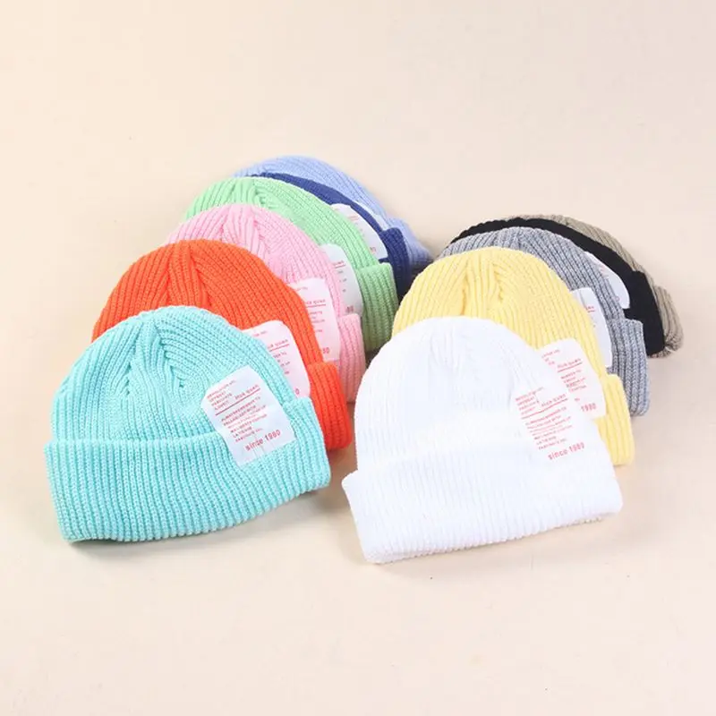 Женская, мужская, пара, карамельный цвет, ребристая вязаная шляпа с завернутыми полями, логотип, нашивка, ушные теплые, хип-хоп, Снежная Лыжная Шапочка