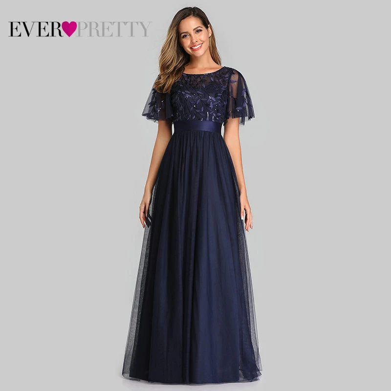 Robe De Soiree блестящие вечерние платья Длинные Ever Pretty EP00904GY A-Line o-образным вырезом с коротким рукавом Вечерние платья женские элегантные платья - Цвет: Navy Blue