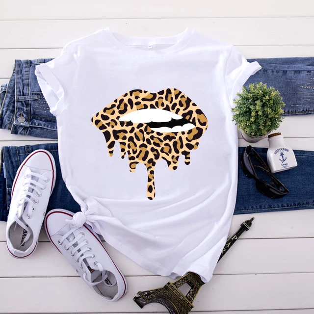Summer Fashion Shirt Lips Leopard Graphic T Shirt Women Harajuku Tops  O-neck 4 colors Tee Kiss Lip Funny Girls  T-shirt Lips 6 White