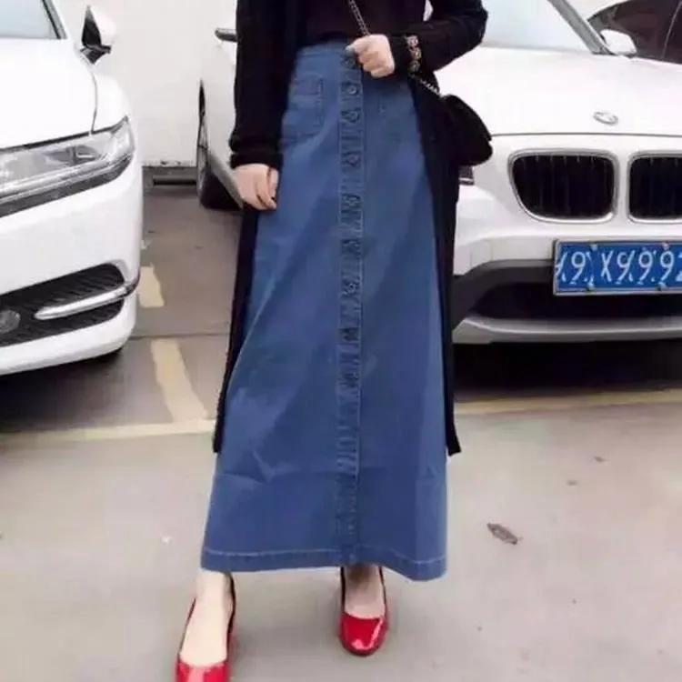 

Free Shipping 2019 New Fashion High Waist XS-XL Long Maxi A-line Skirts With Pockets For Women Blue Slit Skirts Single Breasted