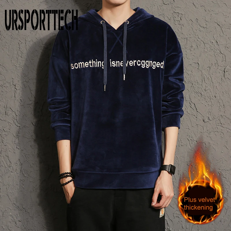 

URSPORTTECH Men Hoodies Sweatshirts Hip Hop Letter Prined Pullover Autumn Winter Plus Velvet Warm Hooded Sweatshirt Outwear Coat