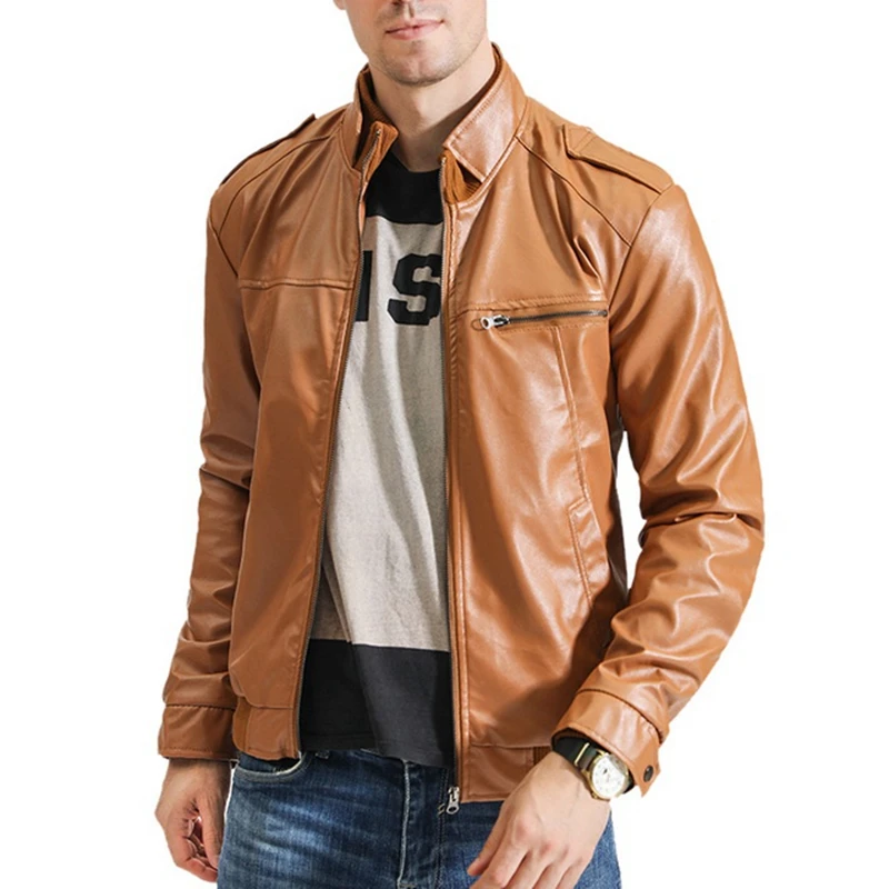 

MoneRffi New Fashion Autumn Male Leather Jacket Plus Size 3XL Black Brown Mens Stand Collar Coats Leather Biker Jackets 2019