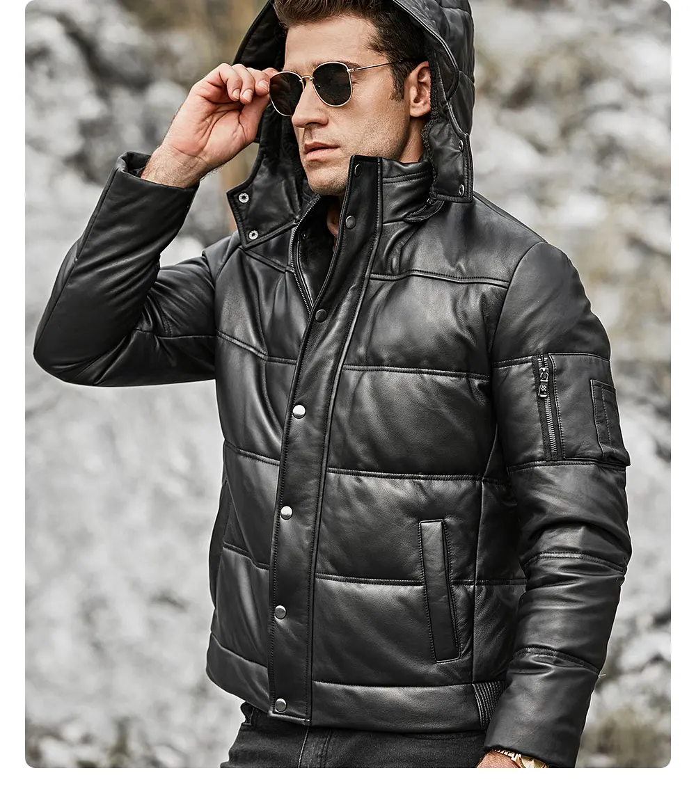 Kожаная куртка мужская байкерское пальто из овечьей кожи FLAVOR, теплый кожаный пуховик из натуральной шкуры с отстегивающимся капюшоном для зимы