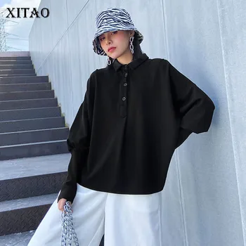 

XITAO Black Plus Size T Shirt Women Loose Fashion Casual All Match Turn Down Collar 2020 New Autumn Full Sleeve Tee ZP2502