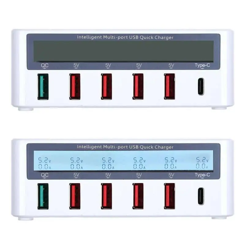 

6 Ports USB Charger Quick Charge QC 3.0 SLCD Display Charging Station Dock For Samsung Mobile Phone + Type-C Charger Hub Adapter