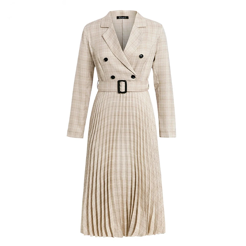 

Women Elegant Dress Vintage Pleated Belt Plaid Office Ladies Blazer Dresses Long Sleeve Female Autumn Midi Party Dress