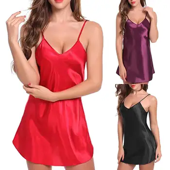 

2019 New Women Nightwear Sexy Sleepwear Solid Color V Neck Nightdress Plus Size Mini Slip Sleepwear Nightwear New Chic