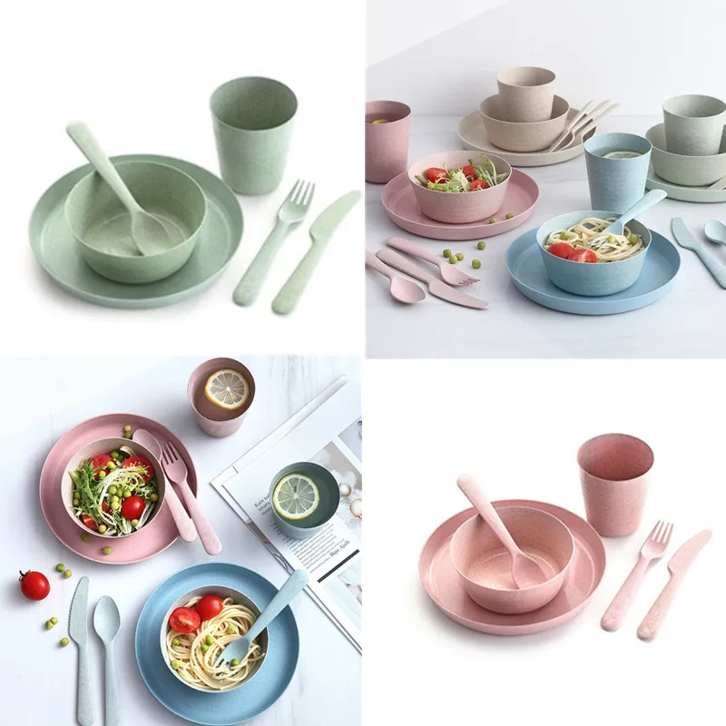6PCS Wheat Straw Tableware Set Chirldren Adult Spoon Fruit Fork Cup Salad Soup Bowl Plate Dishware Kitchen Reusable Household | Дом и сад