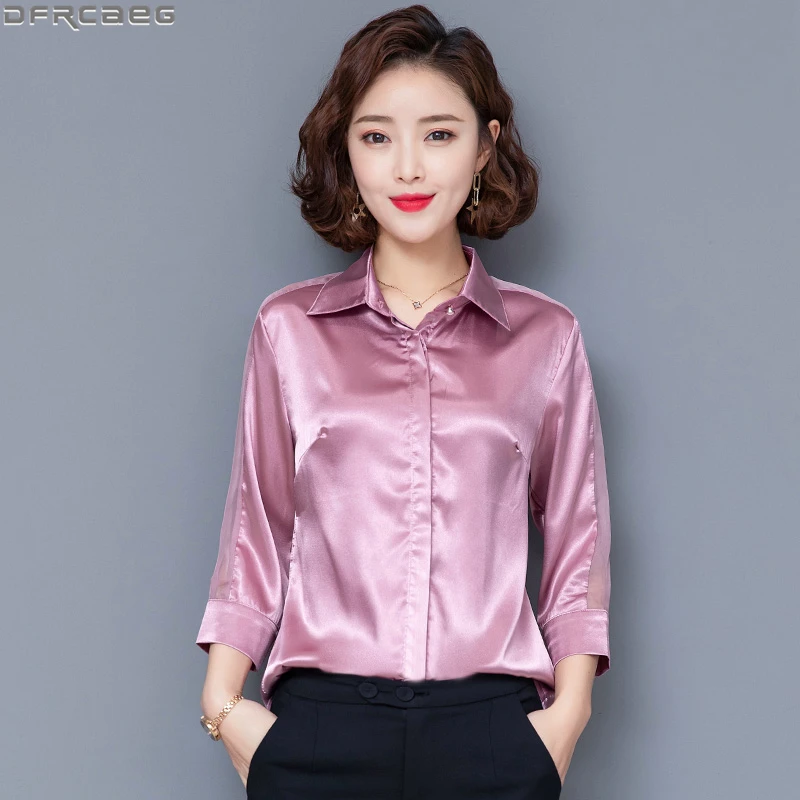 

2022 Spring Summer Women Shirts Loose Three Quarter Sleeve Elegant Office Ladies Tops Mesh Patchwork Satin Silk Blouses Femme