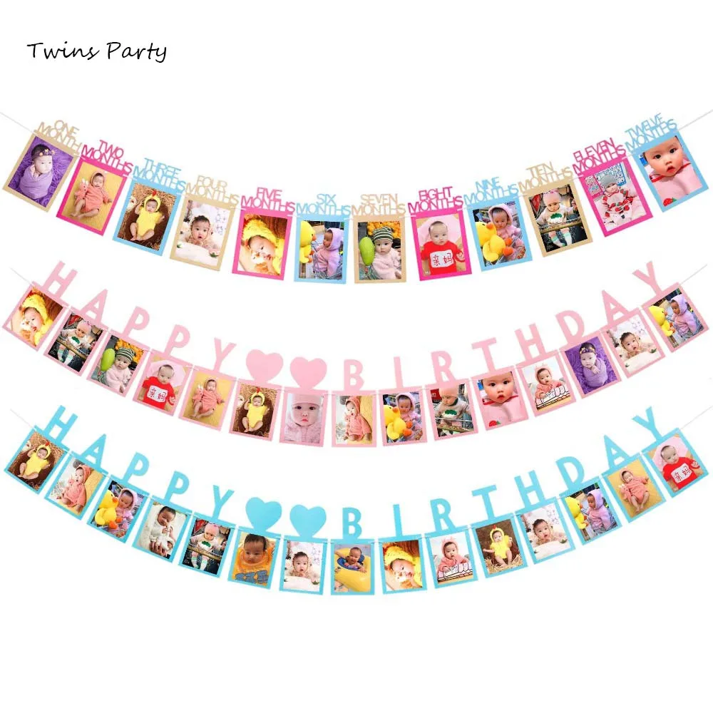 

Twins Party 12 Months Photo Frame Banner Baby Shower 1st Birthday Baby Boy Girl Banner 1 One Year Party Supplies Gold Pink Blue