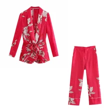 Es Las mujeres americana con estampado de flores con cinturón de moda manga larga bolsillos Mujer abrigo vintage cintura alta pantalones para las mujeres