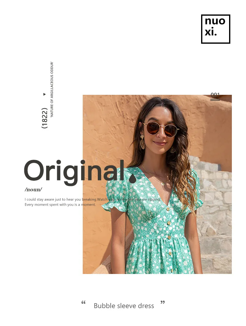 Women Short Sleeve Floral Mini Dress Casual Green Print Puff Sleeve Dresses Summer 2021 Ladies Sexy V Neck Button Beach Dress