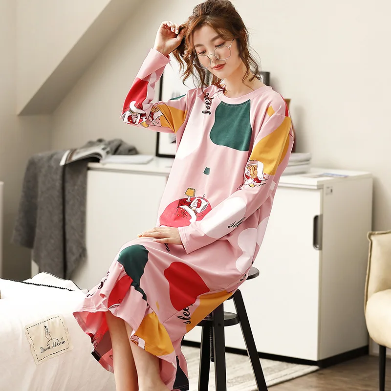 

2020Spring and Autumn Women's Nightdress Long Sleeve Round Neck Home Service Women Nightgown Sleepwear Sleep Tops Nightwear