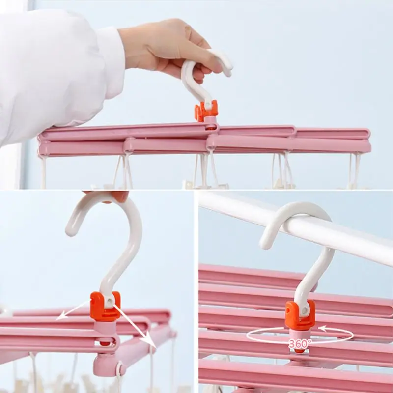 Windproof Foldable Quickly Remove Laundry Clothes Drying Rack Hanger Hook with 19 Roller Clips for Underwear Sock Glove Rotating
