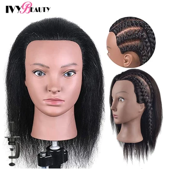 

African American Mannequin Head With Real Hair And Adjustable Stand For Braiding Hair Training Hairart Barber Hairdressing Fashi