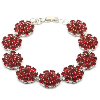 

21x16mm Deluxe Flowers Created Red Blood Ruby White CZ Woman's Wedding Silver Bracelet 8-9inch