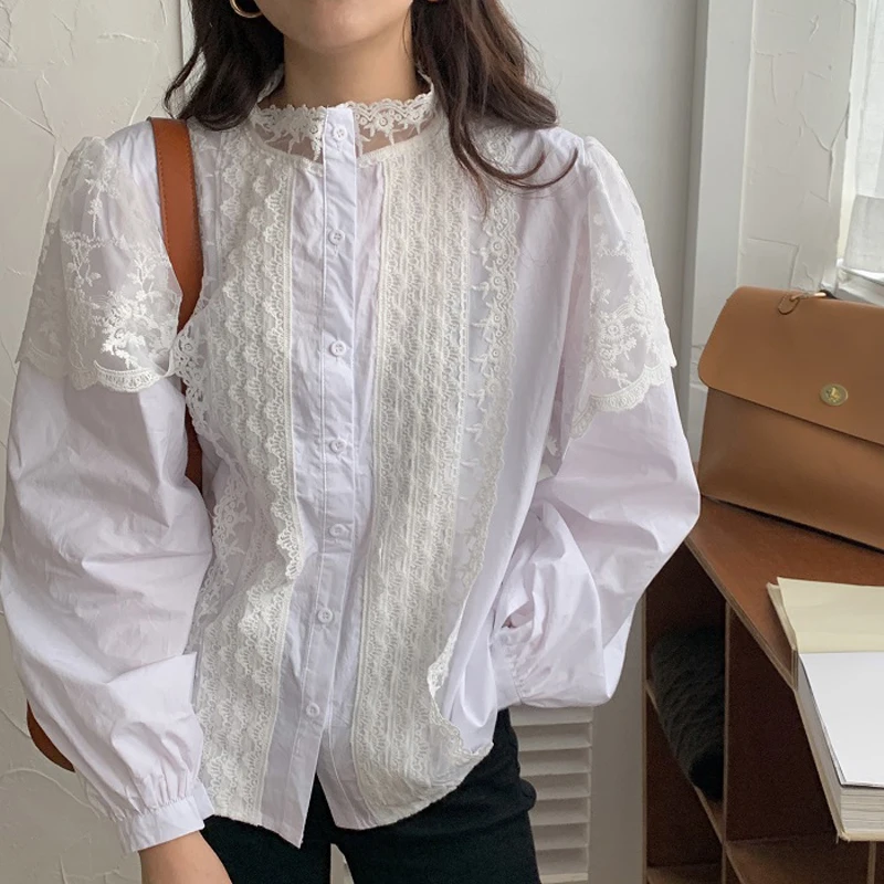 Alien Kitty Elegant Women Shirt Lace Spliced Female Solid Puff Sleeve Korean Hollow Out Sweet Blouses Tops |