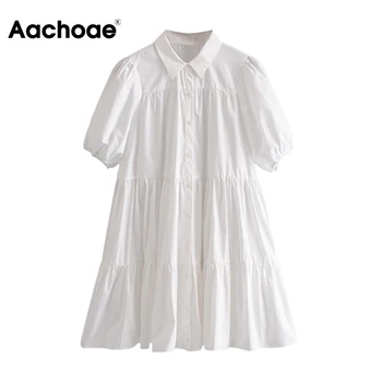 

Casual White Mini Dress Women Lantern Short Sleeve Female Fashion Pleated Dress Turn Down Collar Plus Size Ladies Dresses Robe