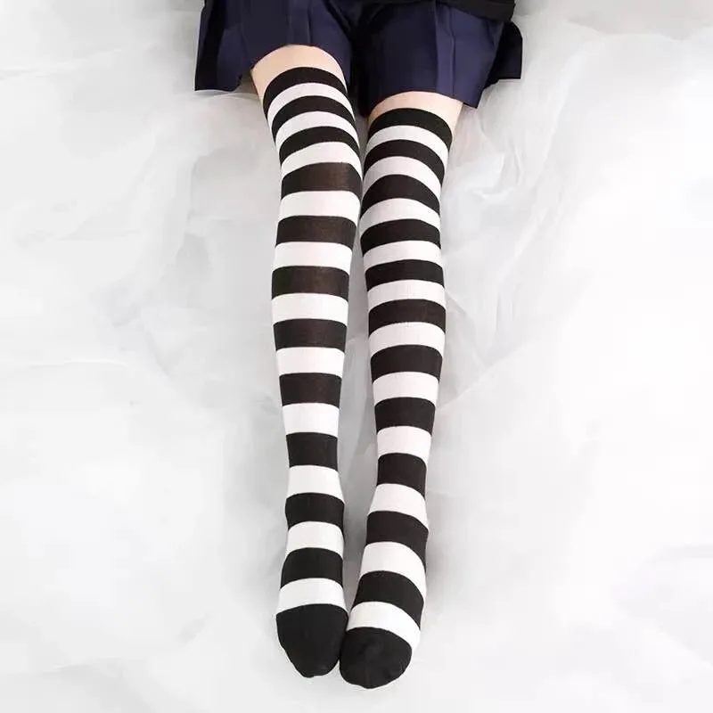 Black Pink Blue Lolita Striped Stockings For Women Lovely School Girls Knee High Long Stockings Cosplay Anime Student Socks