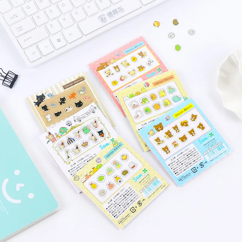 80 pcs/bag Japanese Stationery Stickers Cute Cat Sticky Paper Kawaii PVC Diary Bear sticker For Decoration Diary Scrapbooking
