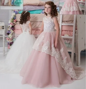 

Beautiful White Pink Flower Girls Dresses for Weddings Pretty Formal Girls Gowns Cute Satin Puffy Tulle Pageant Dress