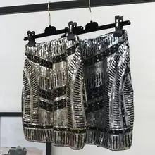 Женская Ретро черная расшитая Блестками Короткая юбка, винтажная вышитая бисером юбка-карандаш, высокая талия, Золотая Сельма, облегающая подиумная мини-юбка