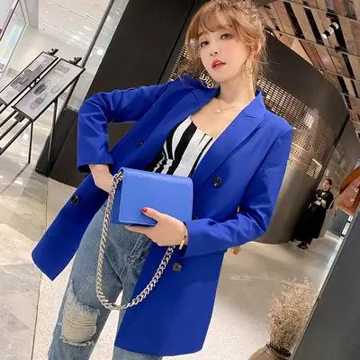 Blue Женский Повседневный Блейзер, куртка, новая мода, весна-осень, двубортный офисный Женский Длинный блейзер, пальто, Женский костюм S011 - Цвет: Blue