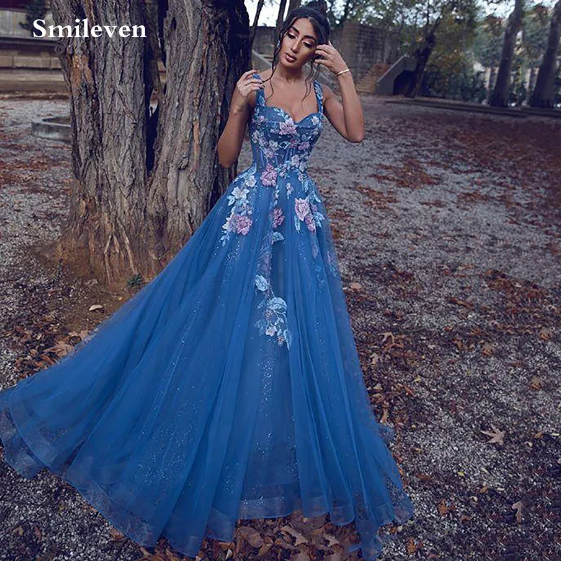 

Smileven Colorful Puff Tulle Blue Formal Evening Dress With 3D Flower Prom Gown Vestido de festa longo Lace Party Evening Gowns