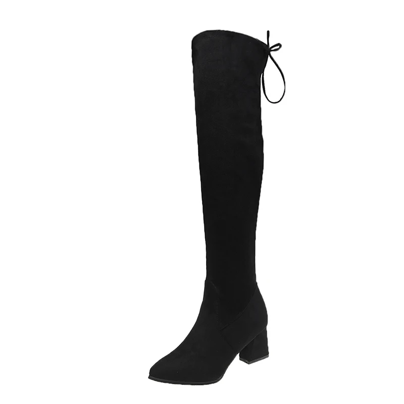 Женские модельные Сапоги выше колена на высоком каблуке; женские туфли-лодочки на платформе с квадратным каблуком; вечерние зимние сапоги до бедра; женские сапоги; mujer - Цвет: Black