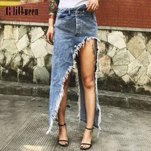 Летние сексуальные женские длинные джинсовые юбки с разрезом, с высокой талией, с кисточками, неровные потертые джинсовые юбки с карманами, женская уличная одежда