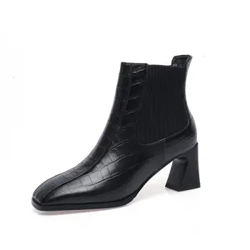 

2020 Winter Warm Women Ankle Boots Classic Chelsea Boots Genuine Leather High Heels Short Boots Dancing Shoes Woman