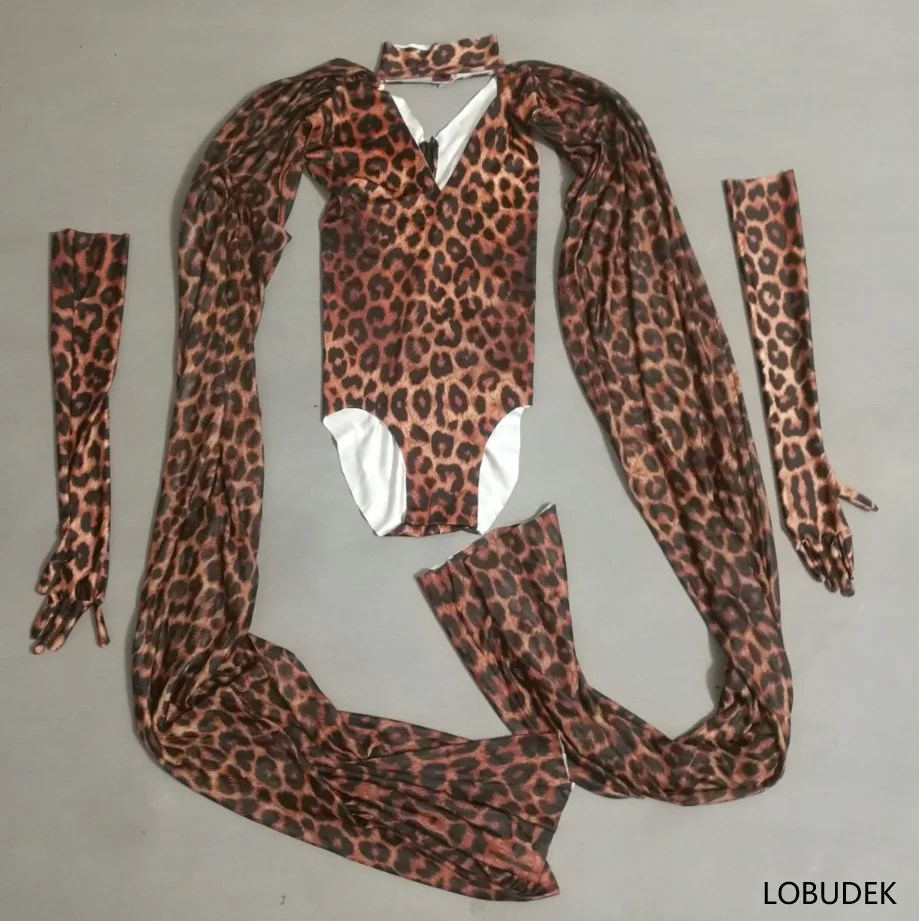 Fashion Leopard Pattern Hollow Bodysuit Gloves Shawl Printed Birthday Party Outfit Women Singer Dancer Performance Stage Costume